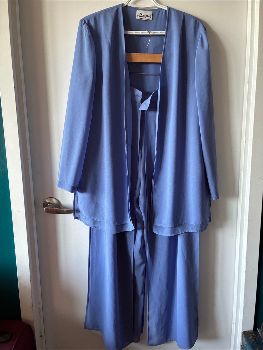 💜 Stunning Vintage Canadian Periwinkle Chiffon Duster & Palazzo Pant Set | M-L
